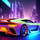 Vibrant sports car with neon accents against futuristic cityscape