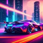 Futuristic sports car in cyberpunk city with neon accents