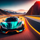 Sleek sports car on winding road at sunset with vibrant orange lines