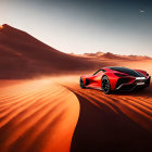 Red sports car driving on desert road with sand dunes and clear sky