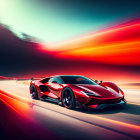 Vibrant red sports car on curved road at dusk