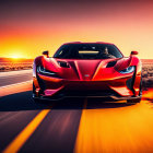 Speeding Red Sports Car on Desert Road at Sunset