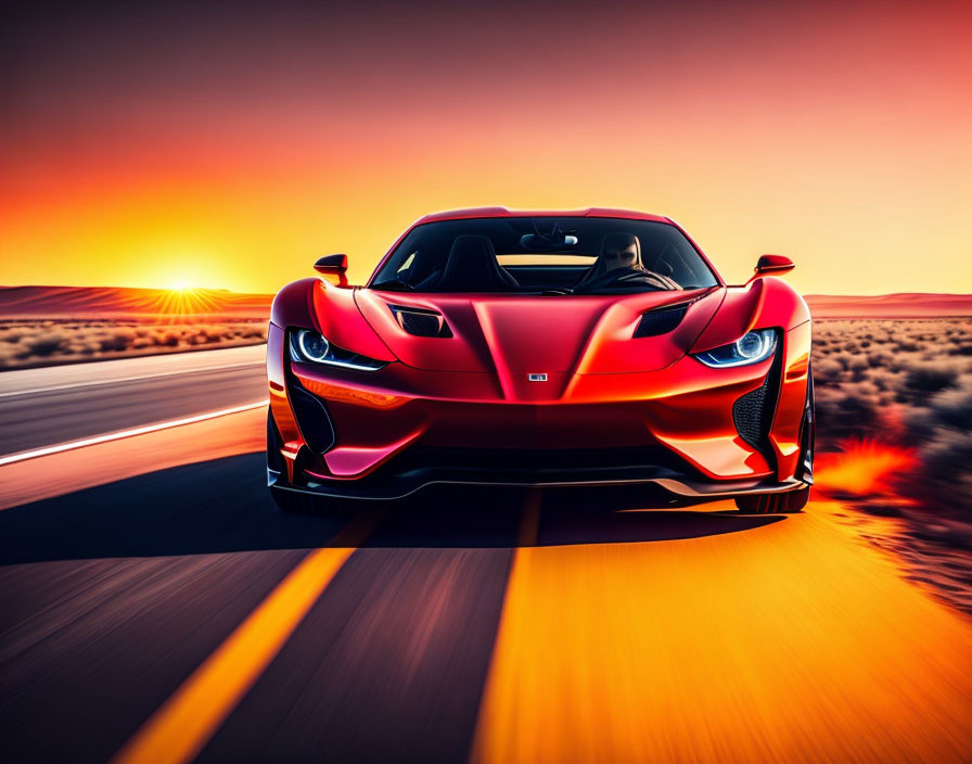 Speeding Red Sports Car on Open Road at Sunset with Motion Blur