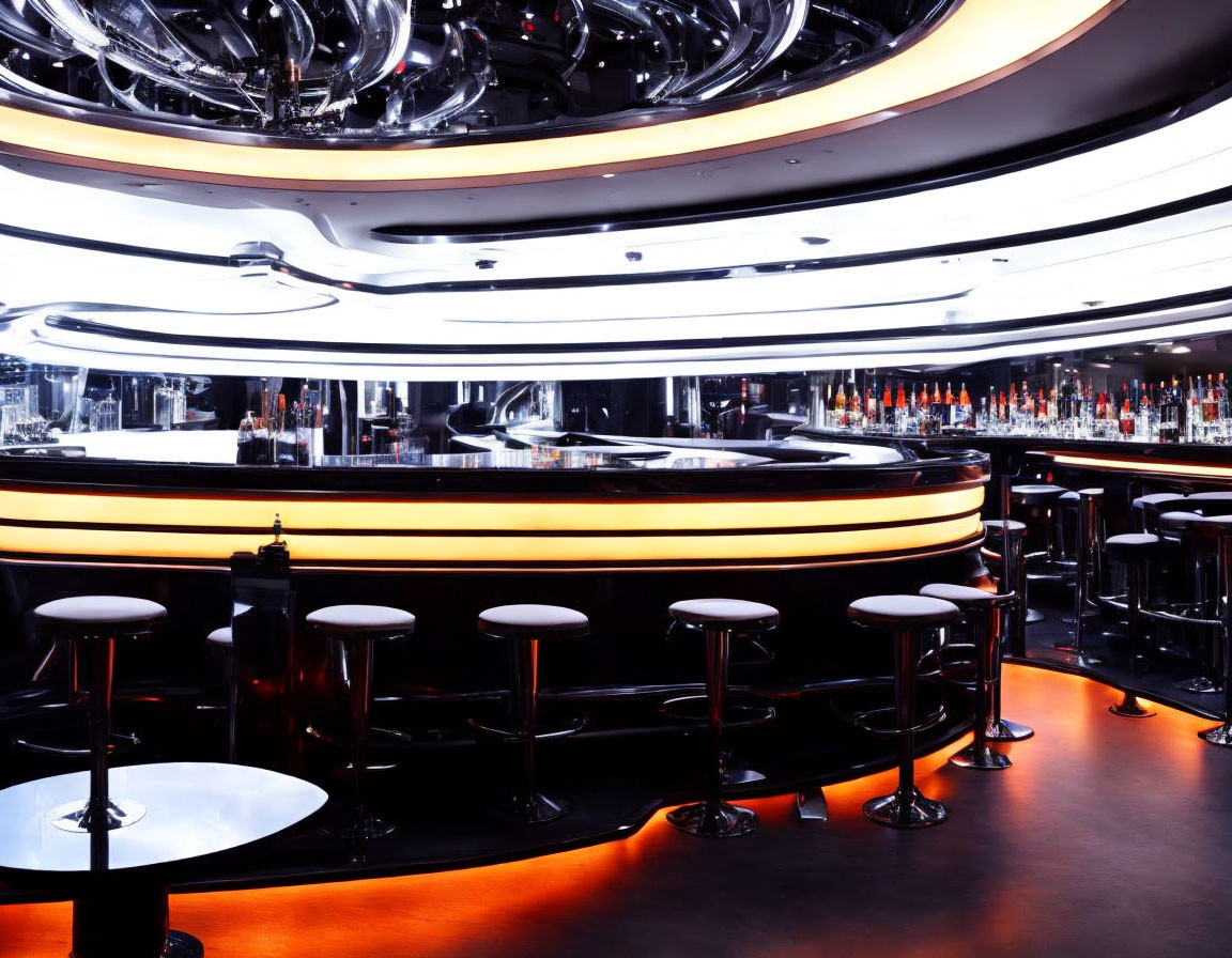 Sleek Modern Bar with Orange Lighting and Black Stools