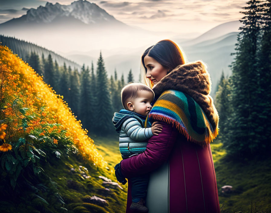 Mother holding baby amidst vibrant flowers with foggy mountains