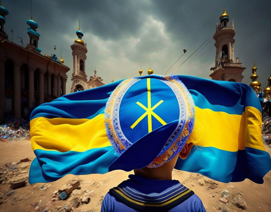 Child standing by ornate towers with blue and yellow flag under cloudy sky