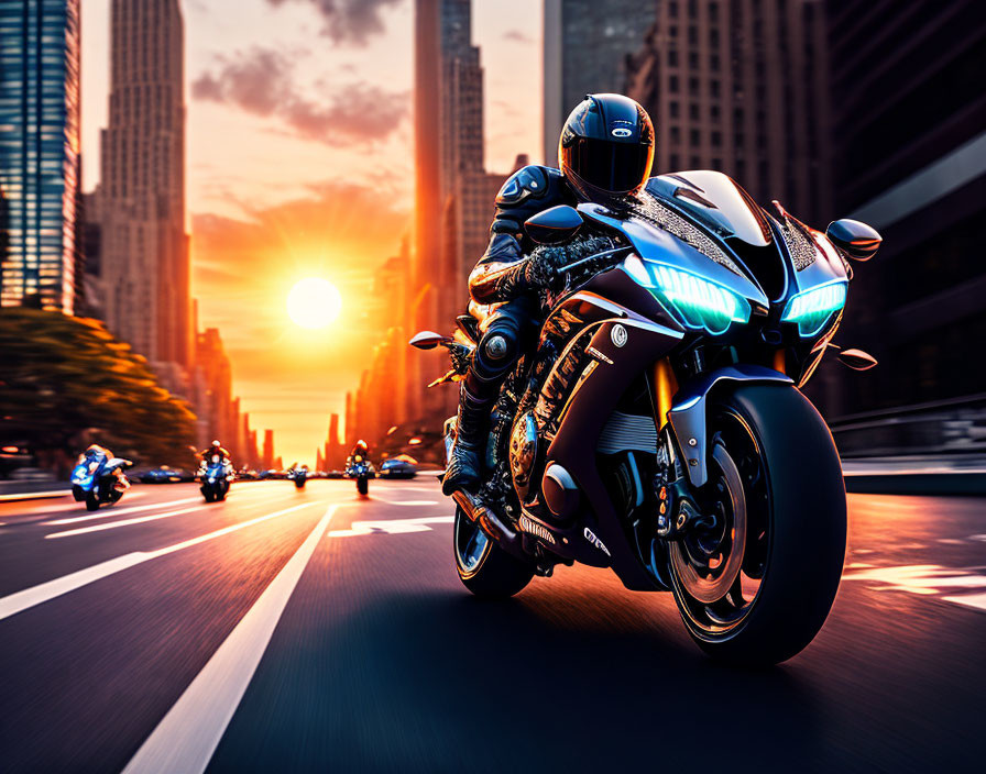 Motorcyclist in full gear leads bikers down city street at sunset