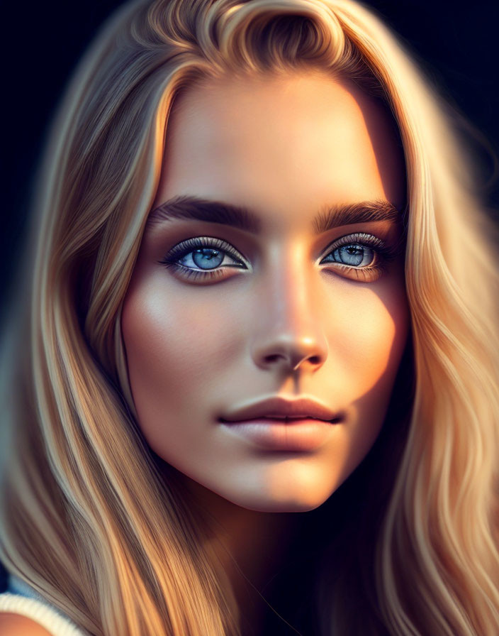 Realistic digital portrait of a woman with blue eyes and blonde wavy hair