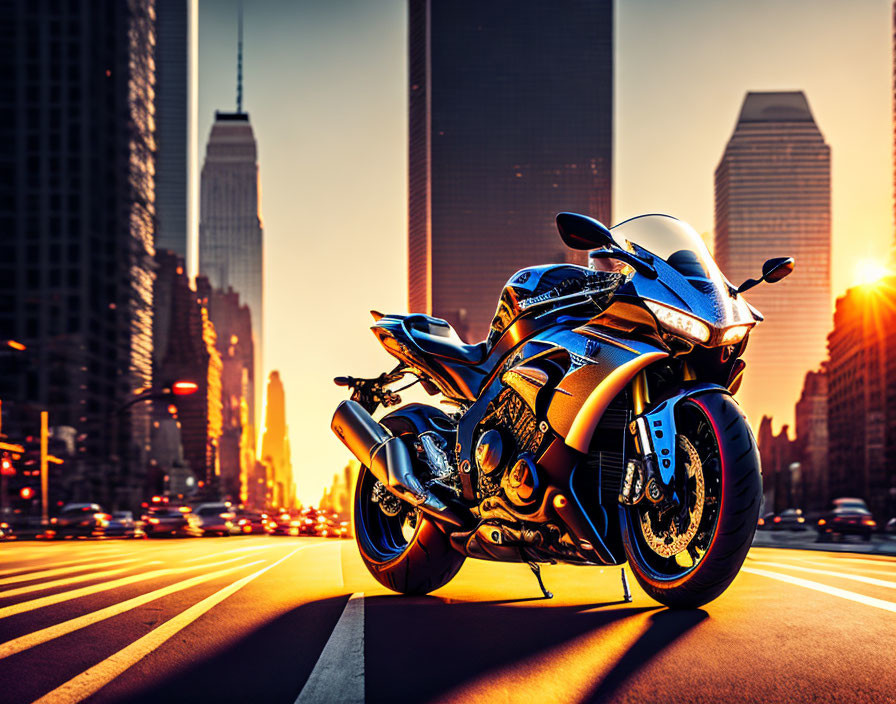 Vibrant blue sports motorcycle on city street at sunset