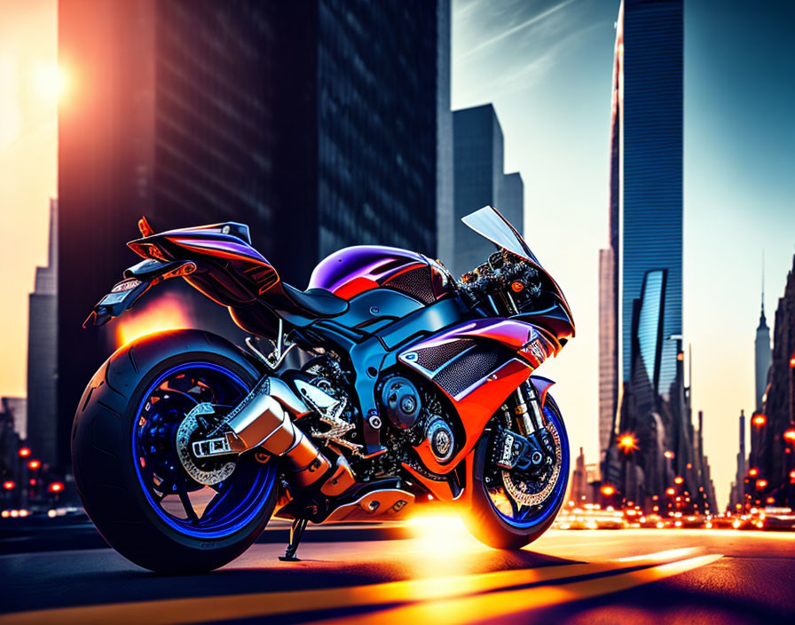 Colorful sports motorcycle parked on urban street at sunset with city skyline backdrop