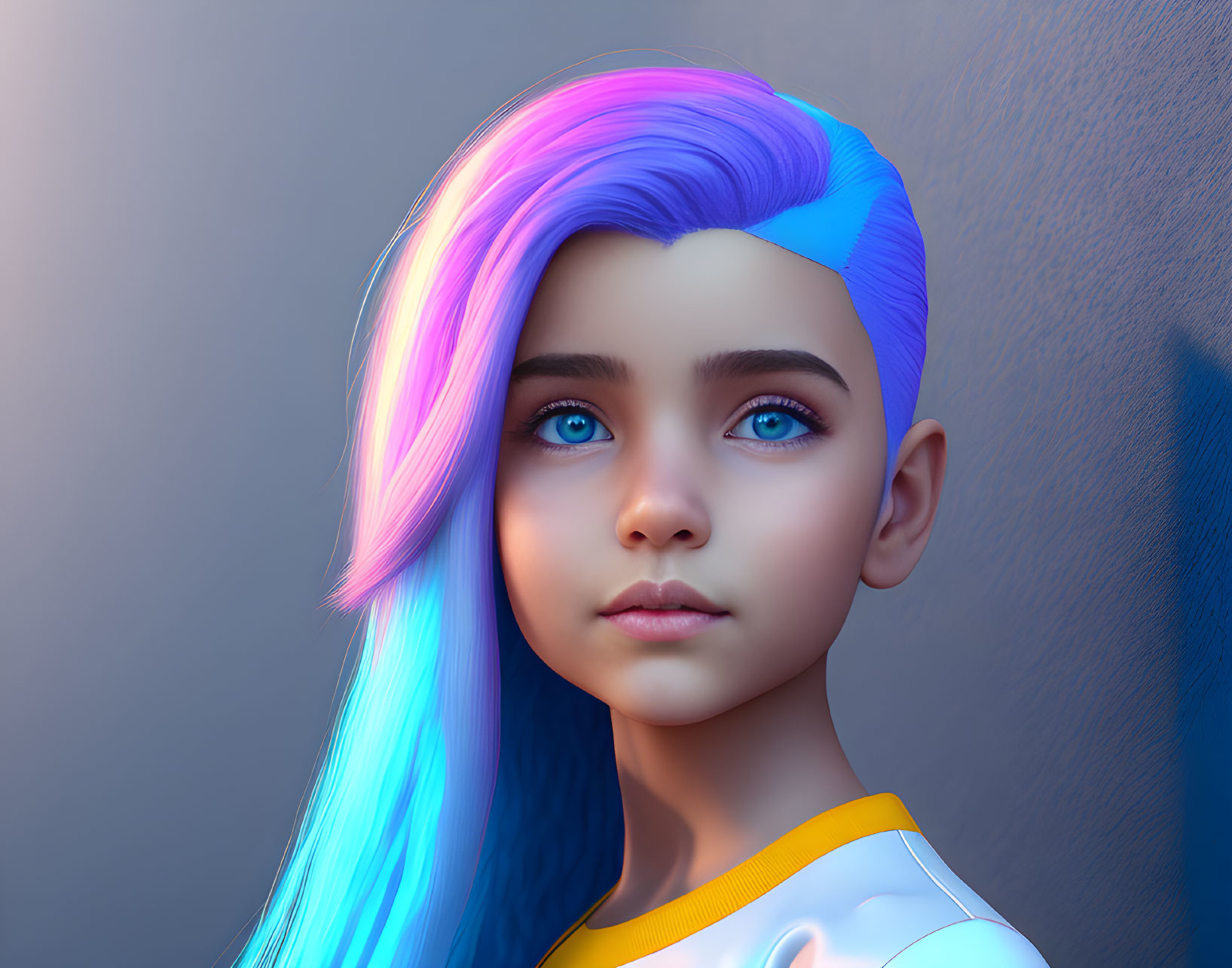 Vibrant blue and purple hair girl in 3D render against grey backdrop