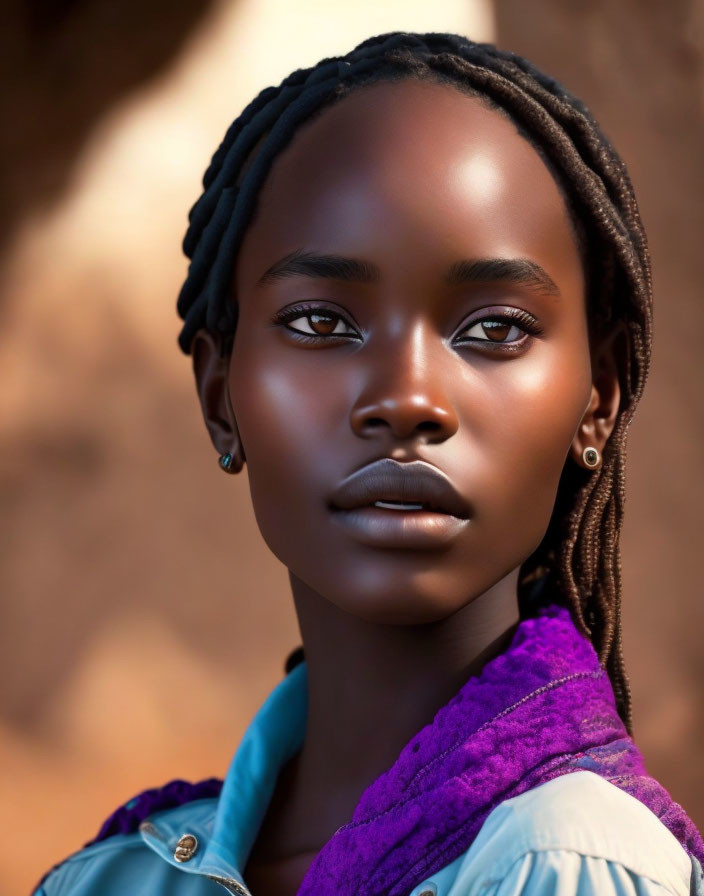 Portrait of Young Woman with Dark Skin, Braided Hair, Brown Eyes, Blue Jacket, and Purple