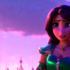 Long-Haired Female Animated Character in Green Dress with Purple and Pink Sky