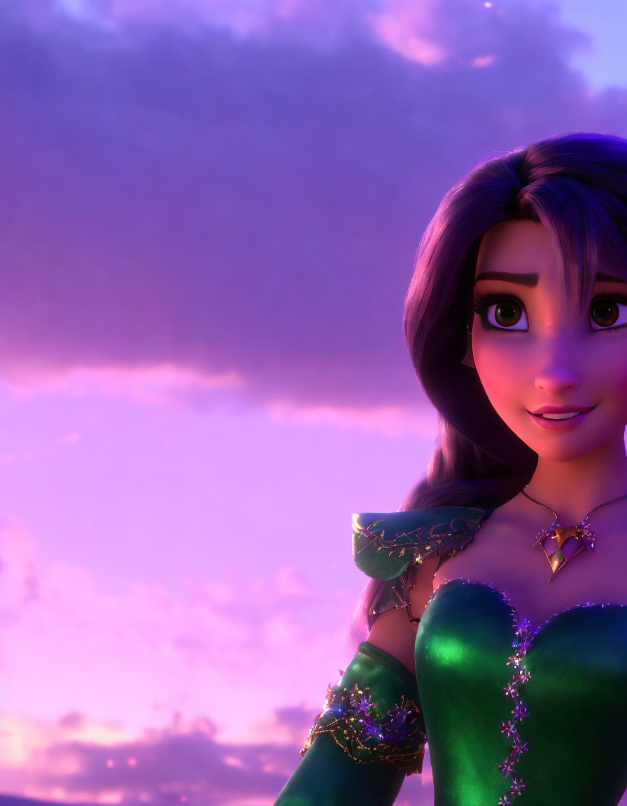 Long-Haired Female Animated Character in Green Dress with Purple and Pink Sky