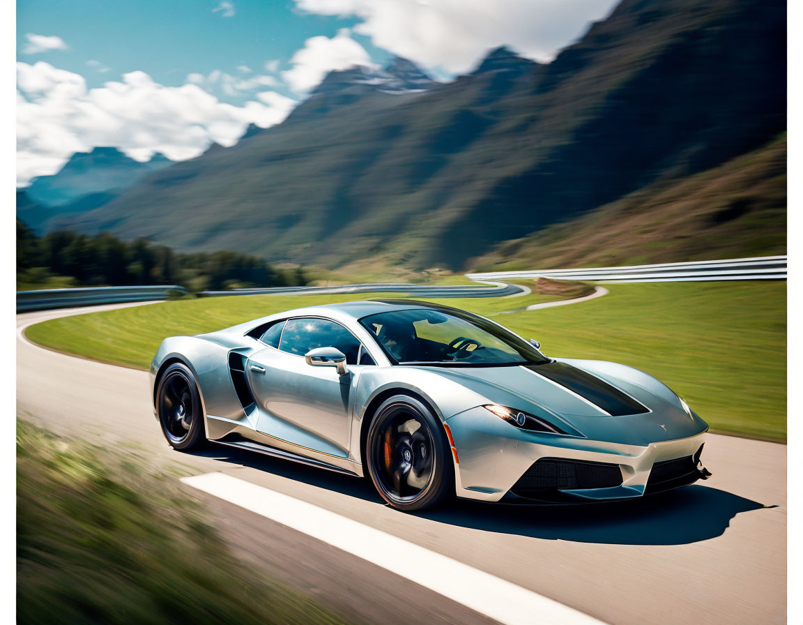 Silver sports car on mountain road with green slopes and blue sky