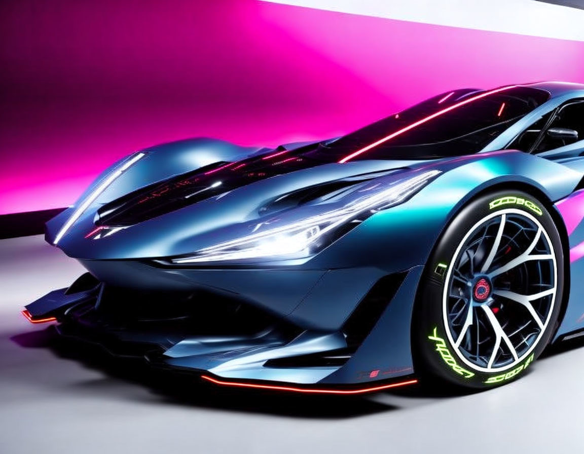 Sleek futuristic car with angular lines and neon lighting on gradient background