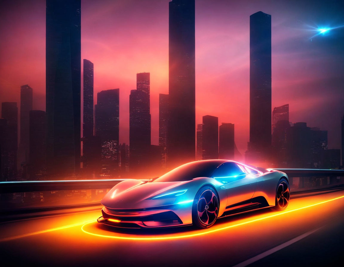 Futuristic sports car with neon accents in cityscape sunset drive