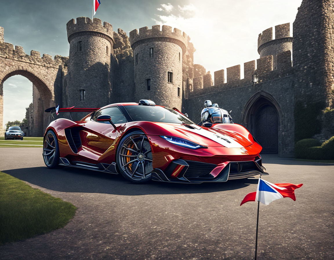 Red sports car parked in front of ancient stone castle with French flags.