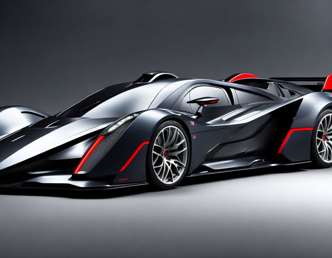 Black Sports Car with Red Accents and Aerodynamic Design on Grey Background