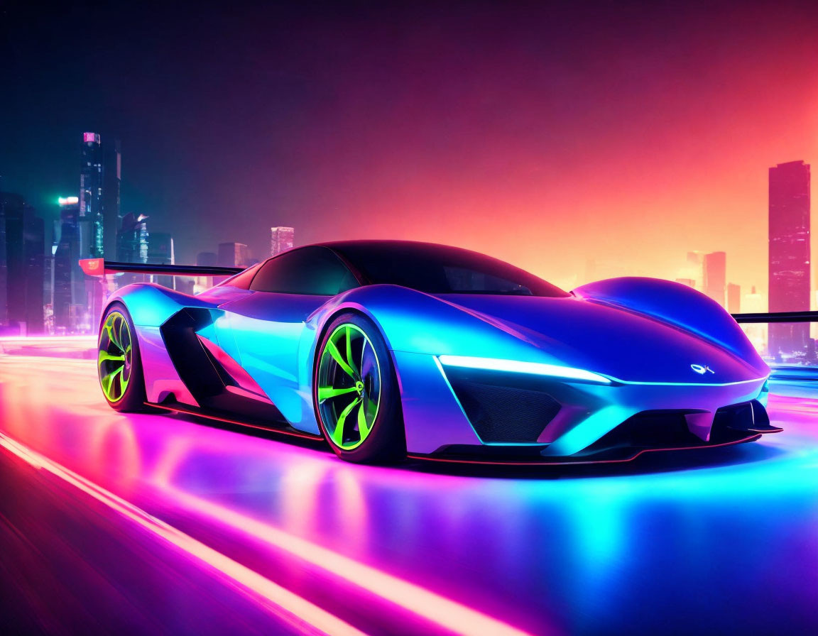 Blue sports car with neon green accents in vibrant cityscape.