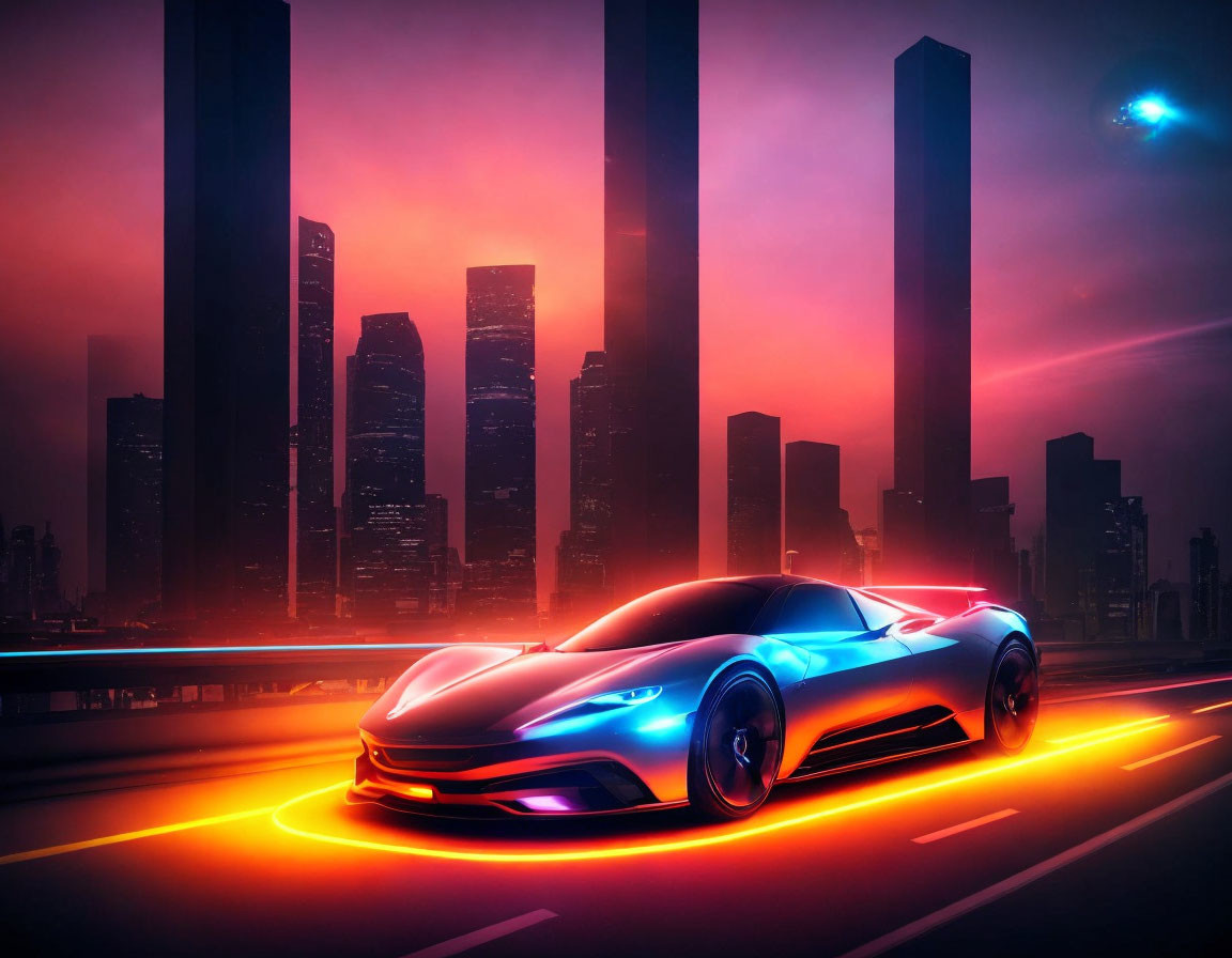 Futuristic silver sports car in stylized cityscape at dusk