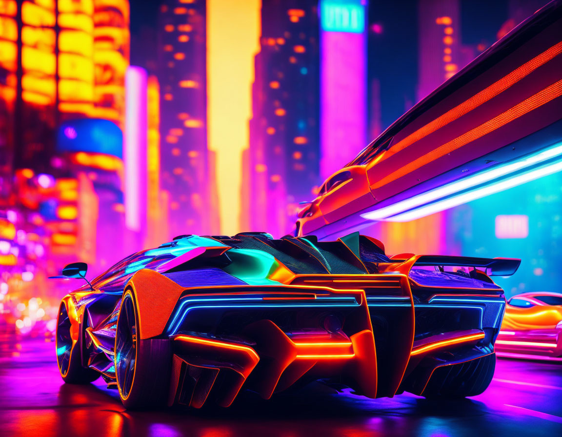 Futuristic Car with Neon Lights in Vibrant City Setting