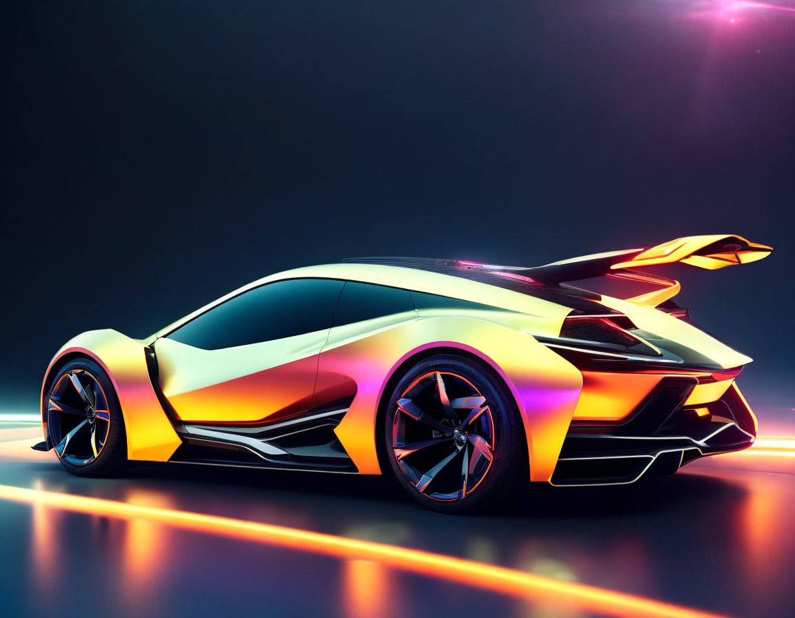 Futuristic sports car with neon color gradients on reflective surface