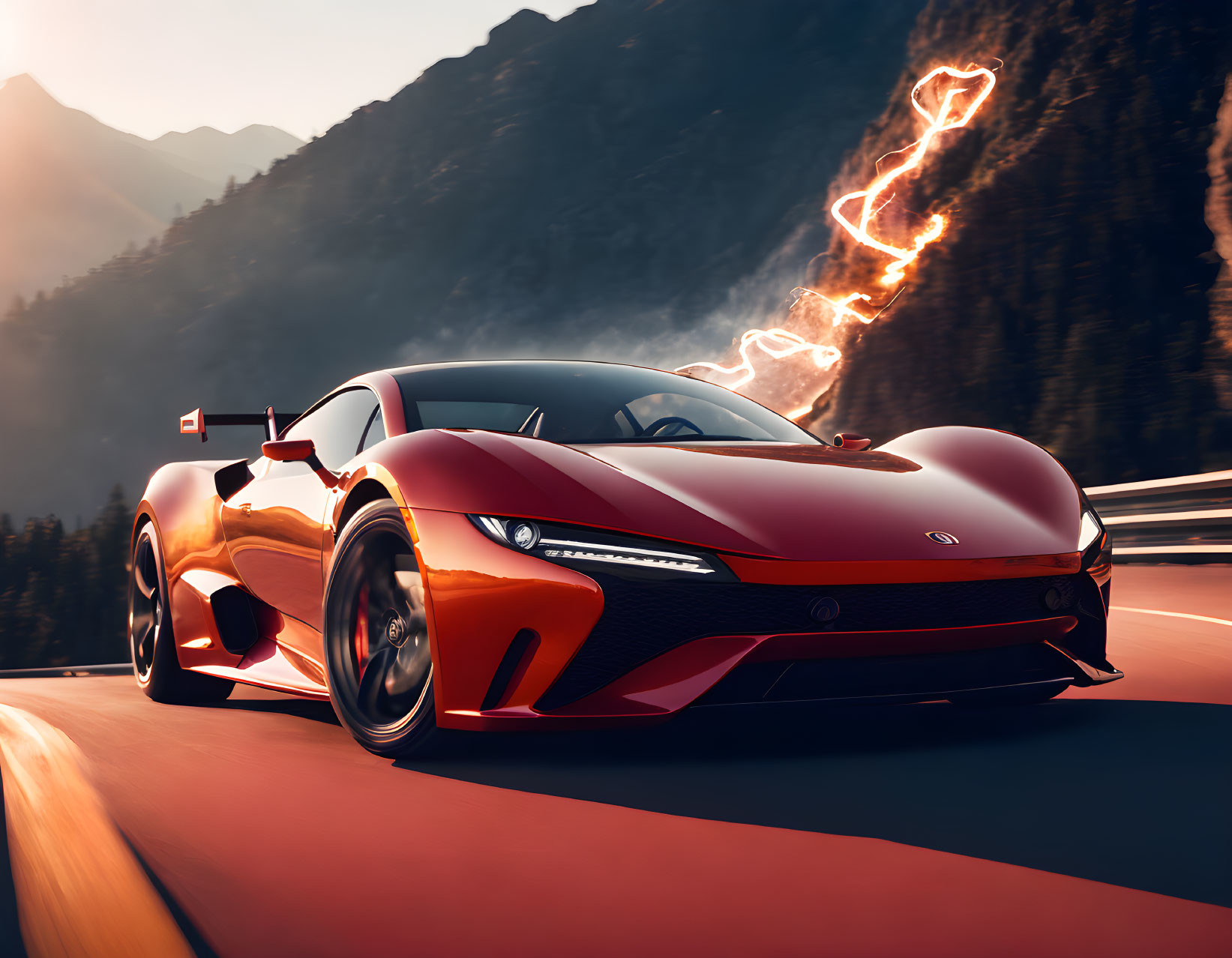 Red sports car driving on mountain road at sunset with lightning effects