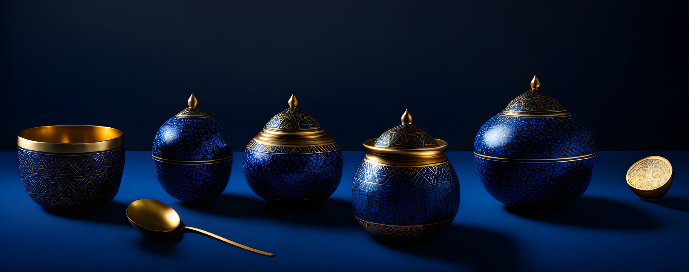 Cobalt Blue and Gold Porcelain Ware Collection with Intricate Patterns