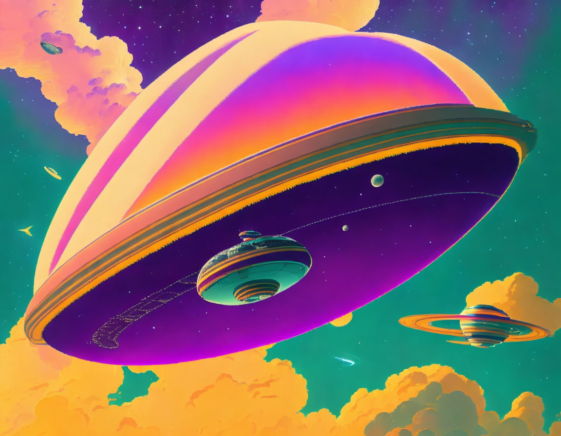 Colorful Saturn with rings, planets, and surreal space art