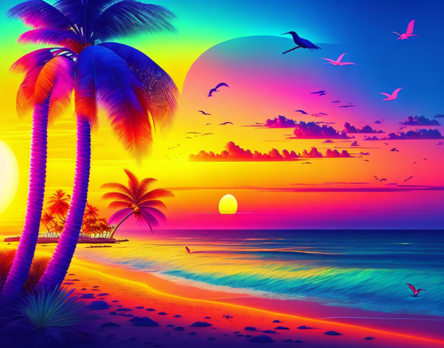 Colorful Tropical Beach Sunset with Palm Trees and Birds