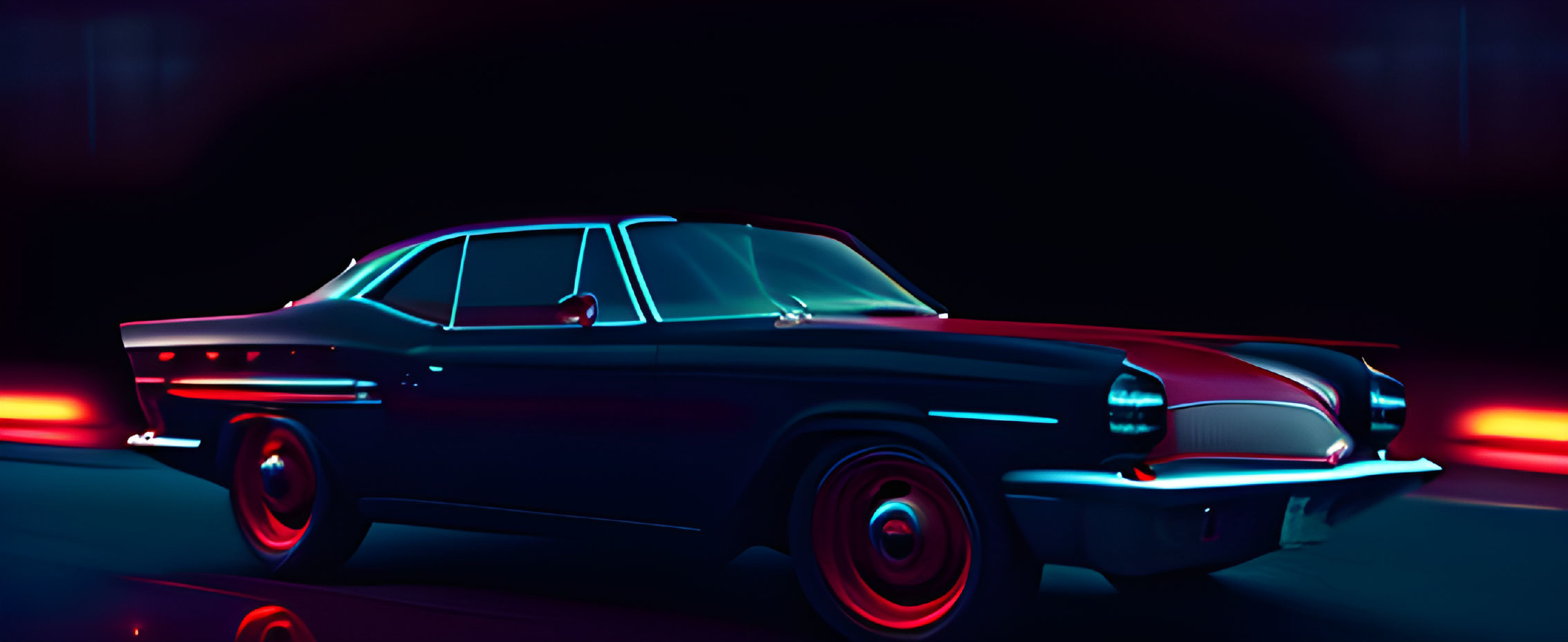 Vintage Car with Red Underglow Cruising in Neon Night