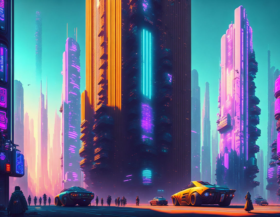 Futuristic twilight cityscape with neon-lit skyscrapers & flying cars