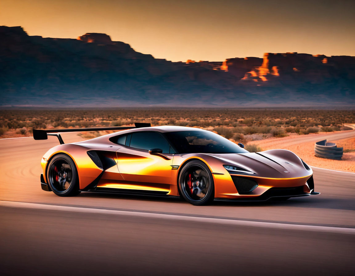 Orange and Black Sports Car with Rear Wing on Desert Road at Dusk