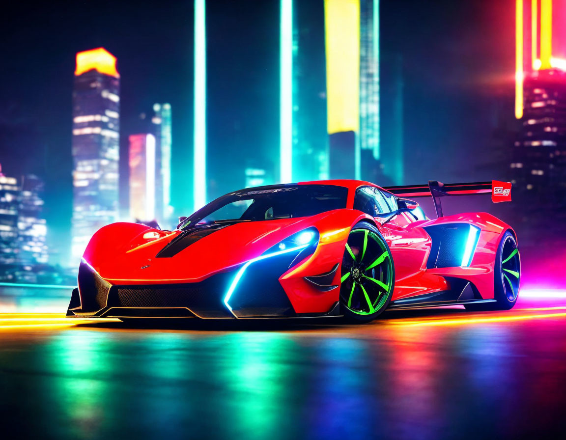 Vibrant red sports car with neon blue accents on city street at night