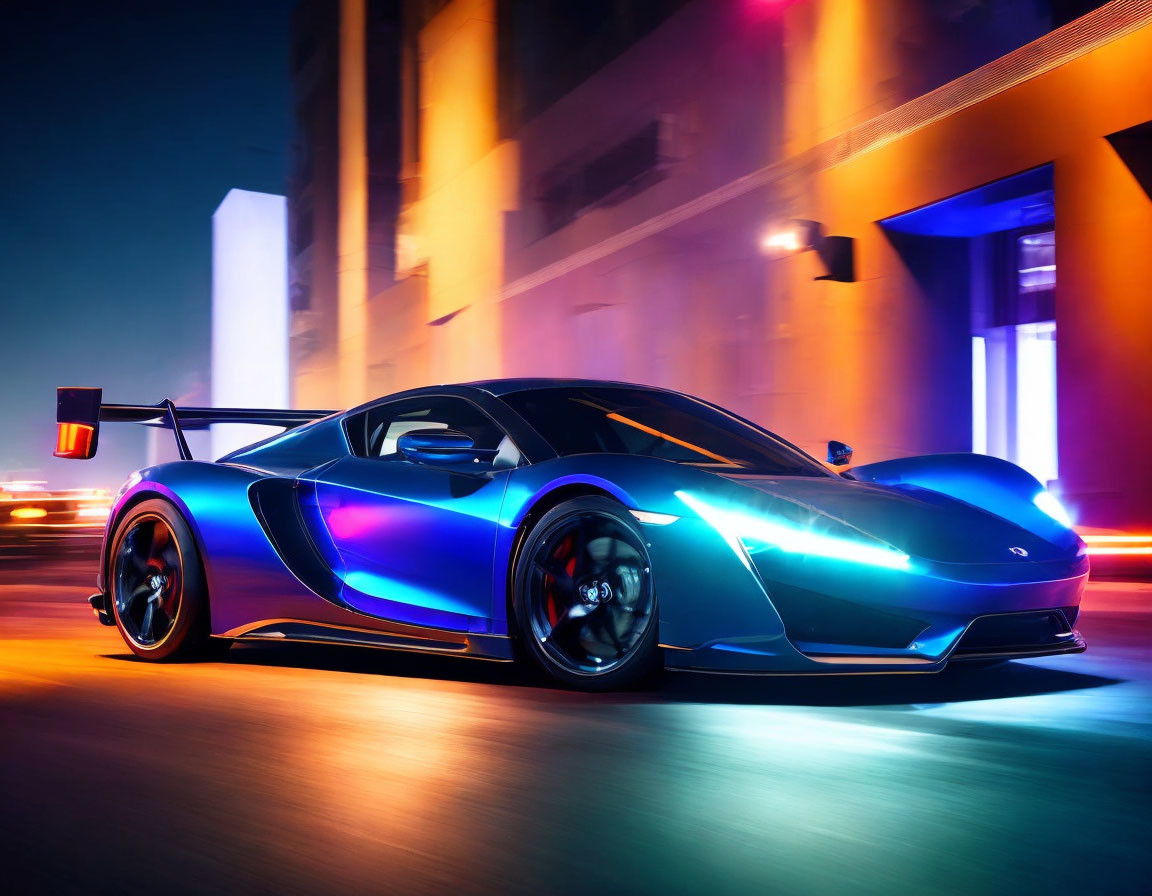 Blue Sports Car with Rear Spoiler Speeding Through City Night Neon Lights