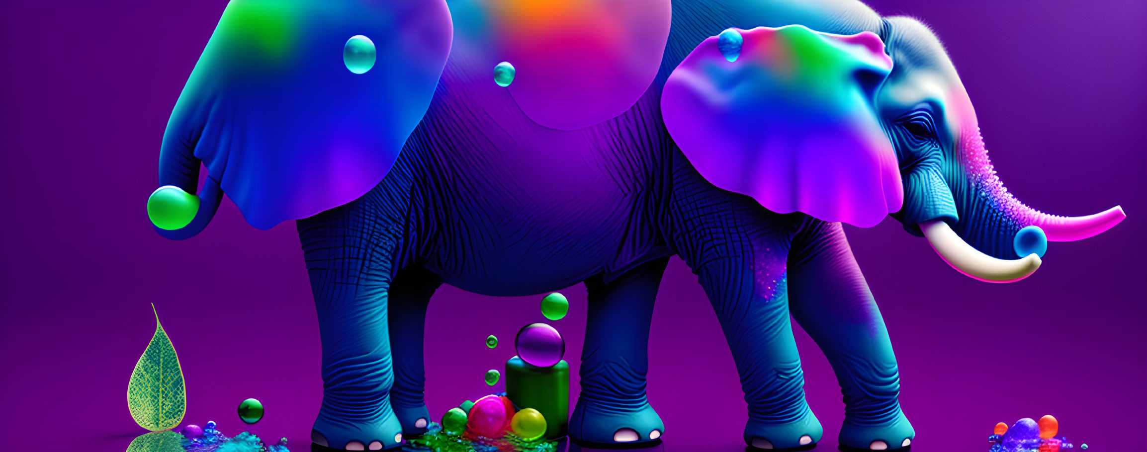 Colorful Stylized Elephants with Translucent Bubbles on Purple Background