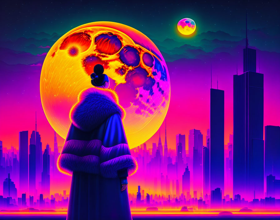 Person in Fur Cloak Against Neon Cityscape with Detailed Moon