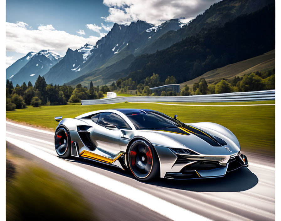 Silver Sports Car with Black and Yellow Accents on Mountain Road