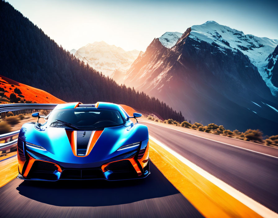 Blue Sports Car Driving on Mountain Road at Sunset with Snow-Capped Peaks