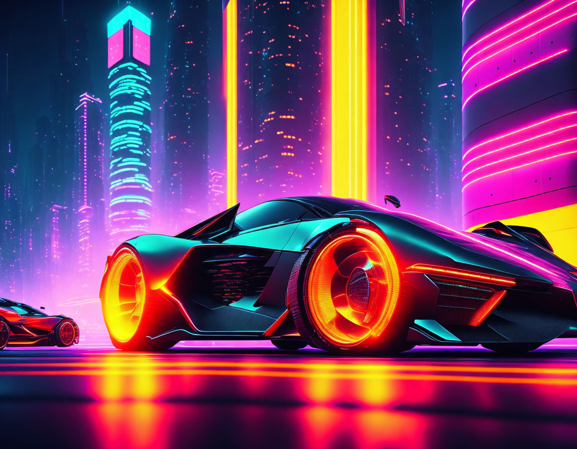 Futuristic cars with neon detailing in vibrant cityscape