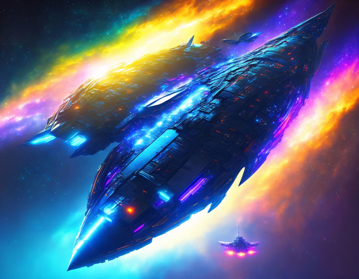 Colorful futuristic spaceship in neon-lit nebula art piece