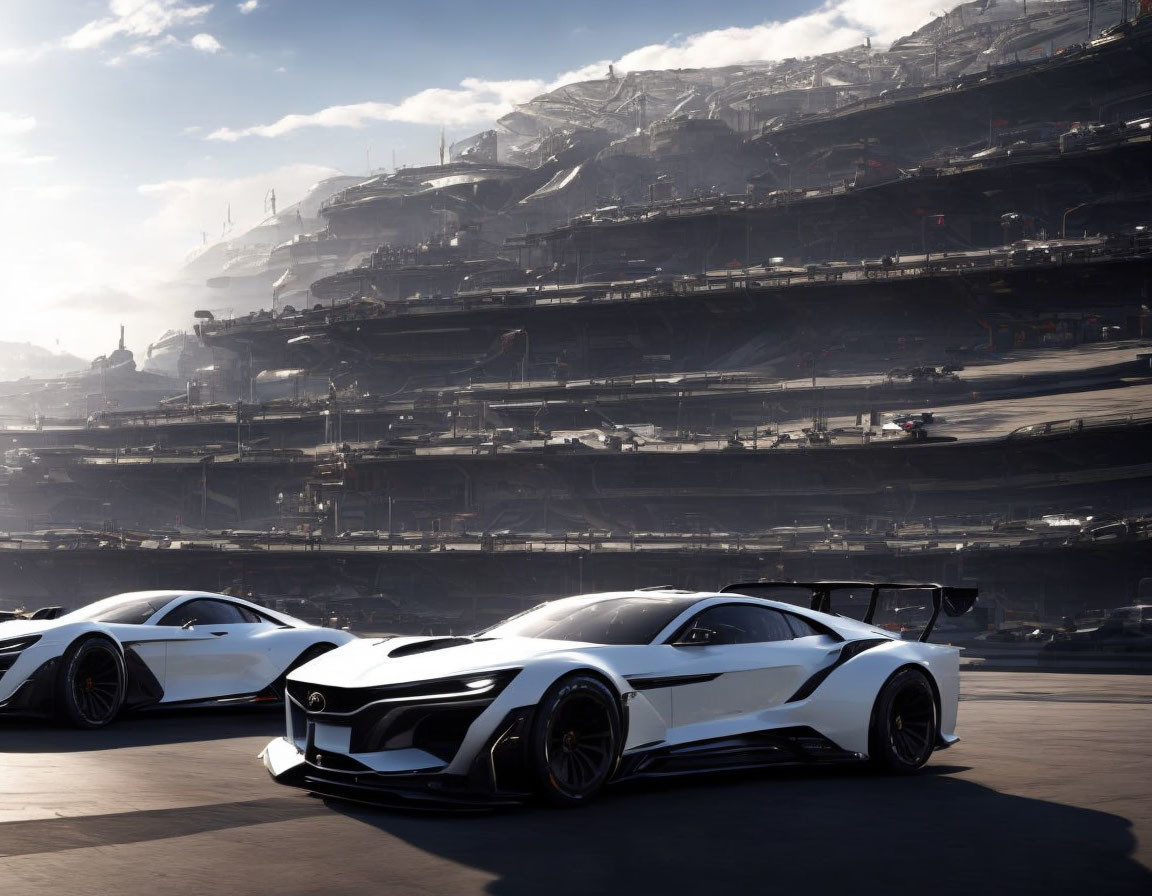 Futuristic sports cars against advanced cityscape on sunny day