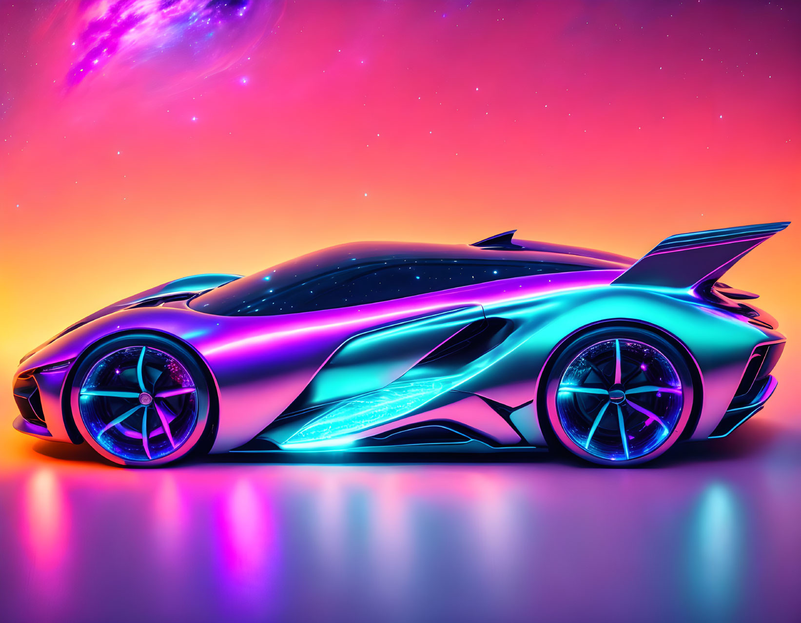 Futuristic neon-lit sports car on vibrant cosmic backdrop