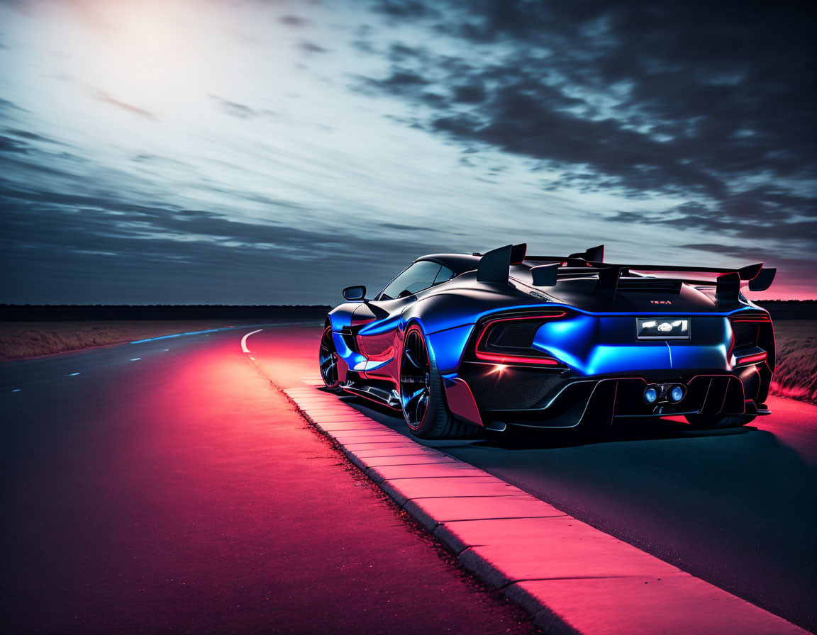 Sleek sports car with neon underglow lights at twilight