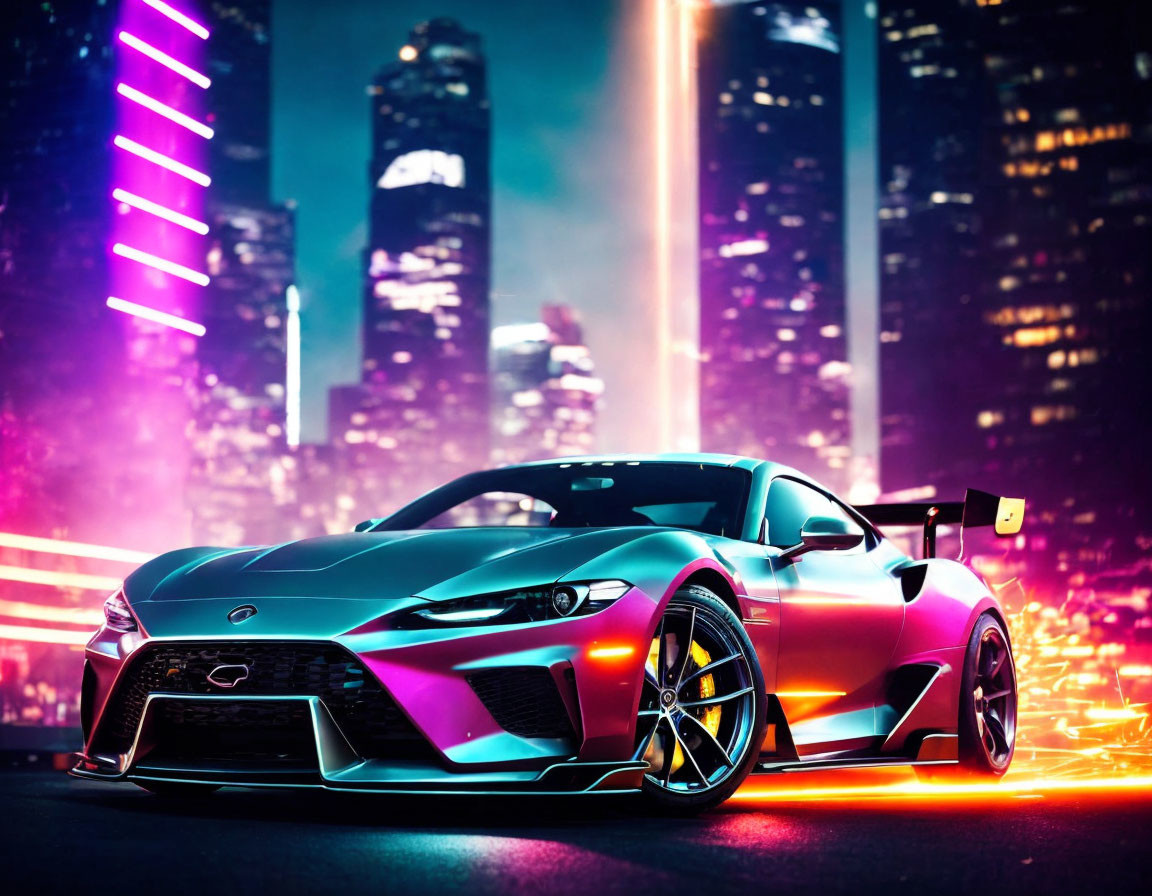 Sleek sports car with rear spoiler in neon-lit city scene