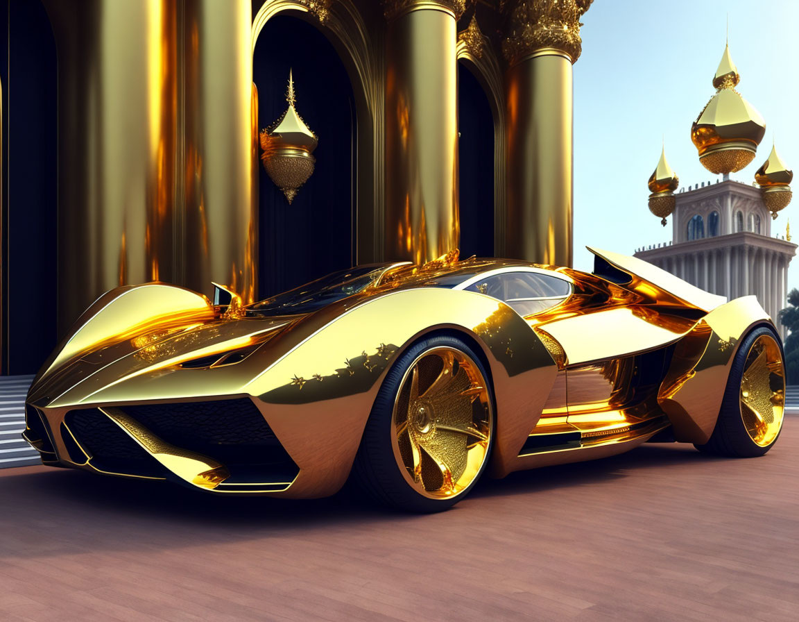 Luxurious Golden Sports Car Parked in Front of Opulent Building