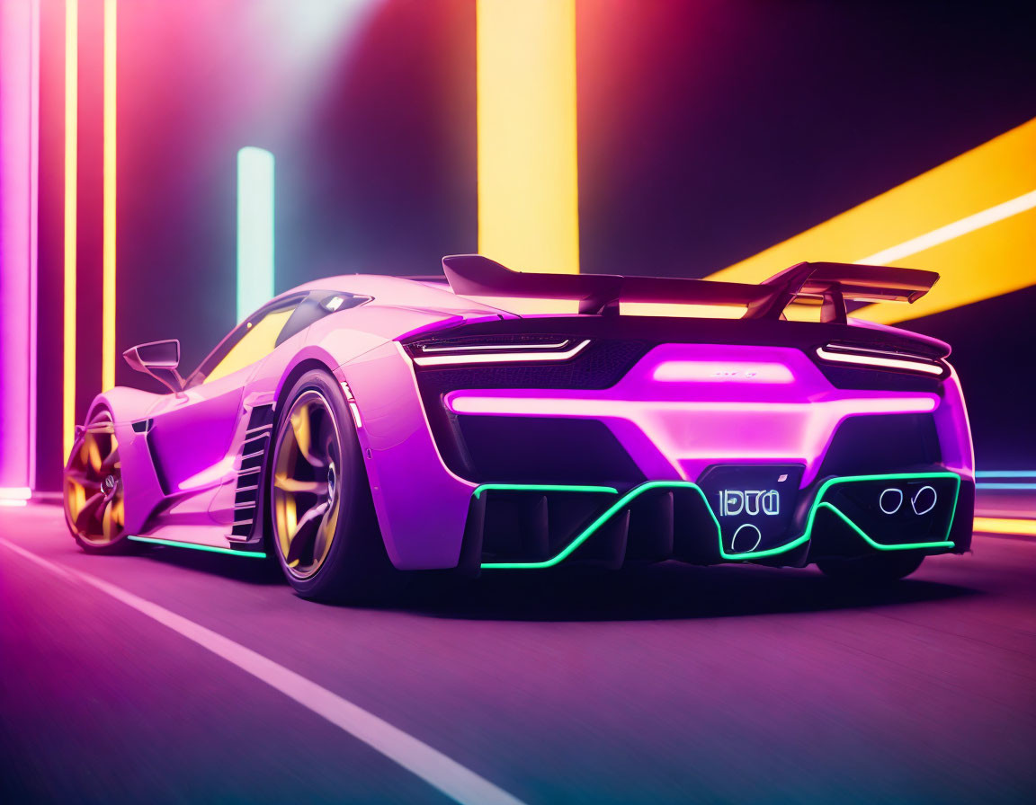 Neon underglow sports car races on futuristic track