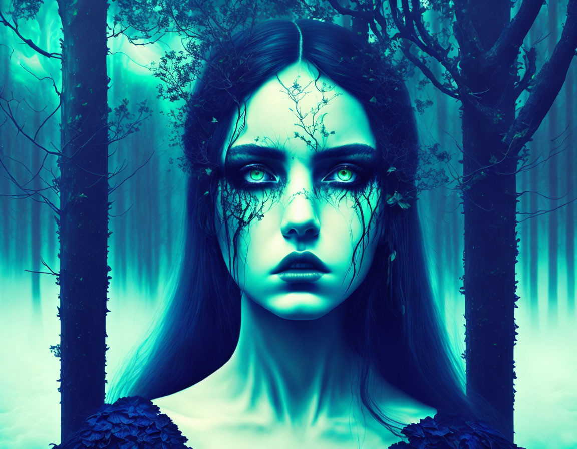 Surreal portrait of woman with blue skin and green eyes in misty forest