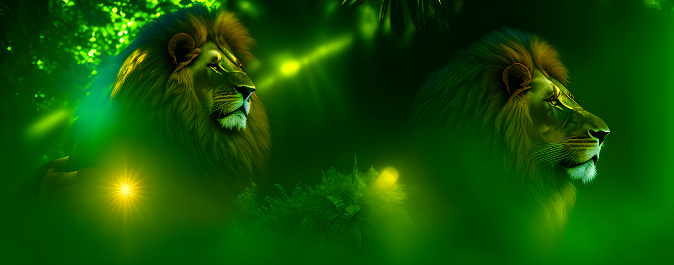 Illuminated Lions' Faces in Mystical Green Forest